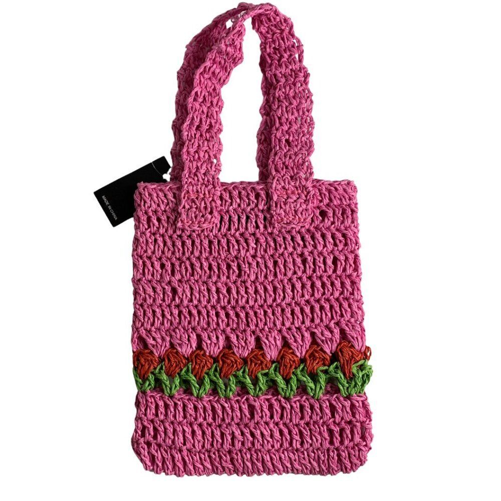 SHEIN Pink Crochet Tote Bag Handmade Look Flower Detail Knit Shopper NWT - Picture 2 of 7
